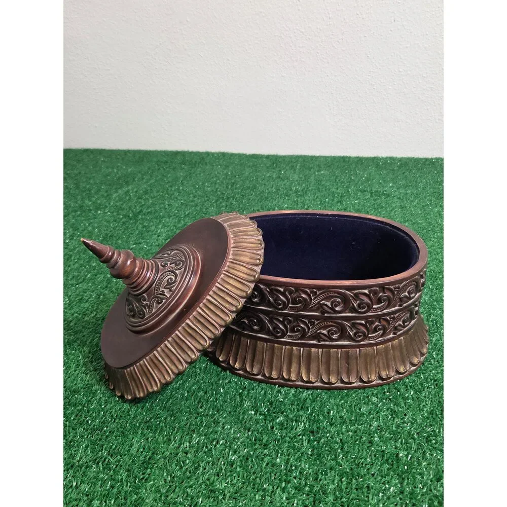 Vintage Ornate Bronze Tone Resin Trinket Box Large Oval Storage Container with